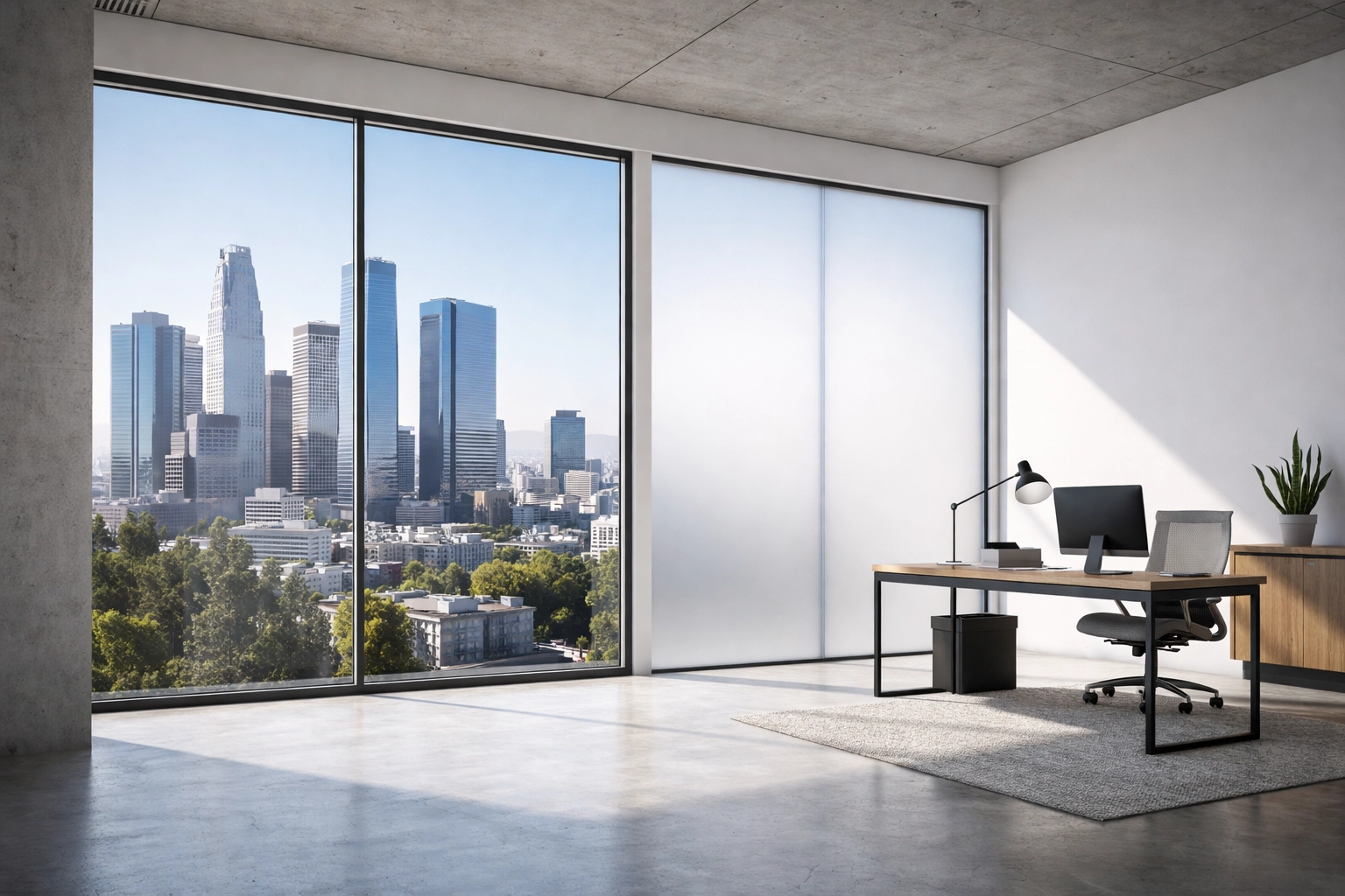 Voice and app smart glass control — modern executive office with two switchable smart glass panels demonstrating clear and opaque states under unified voice and app control