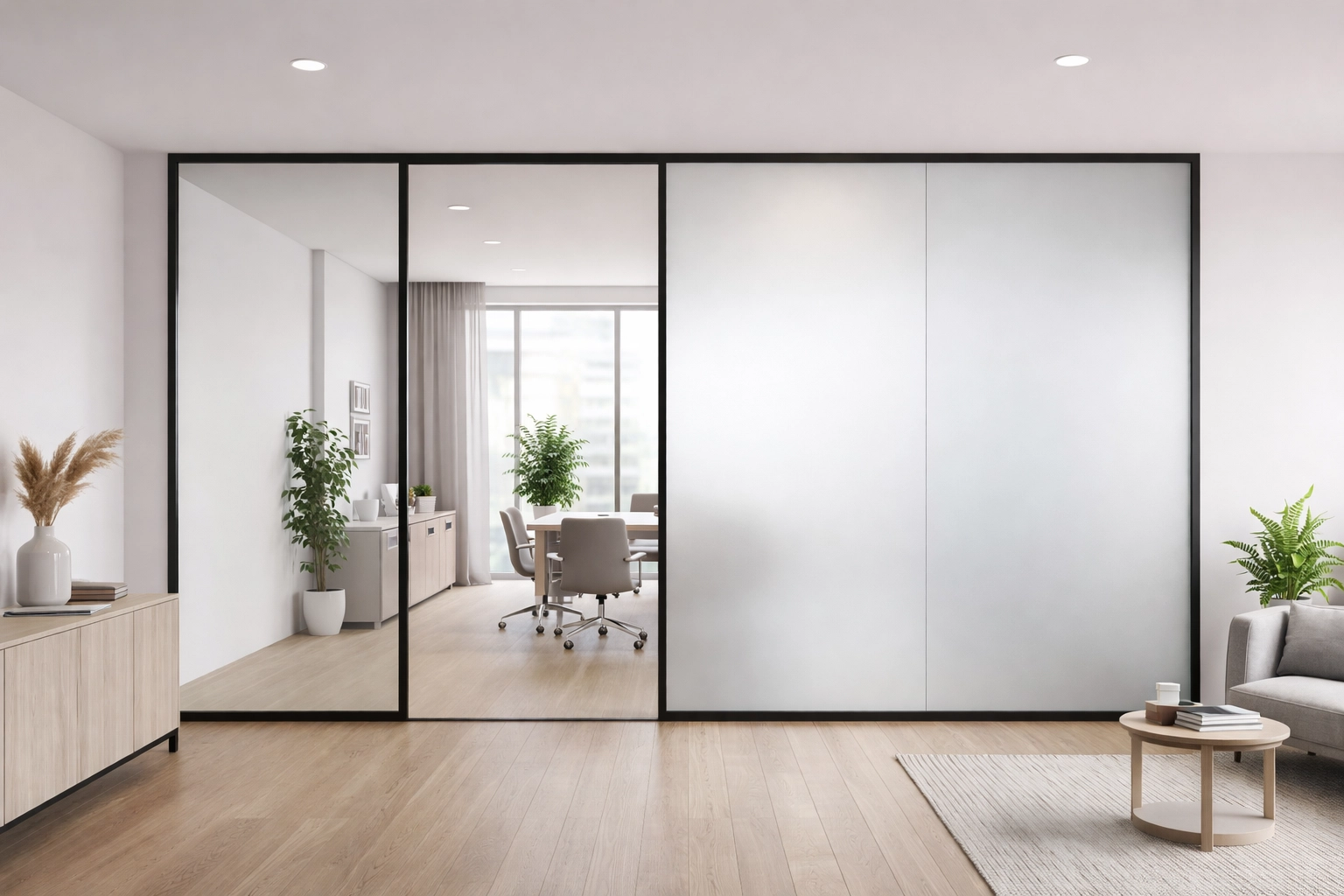 LA smart film install case study — office partitions side by side, one clear for collaboration and one frosted for focused calls