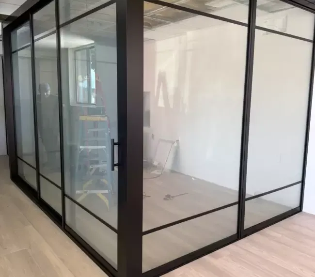 Smart glass home integration — modern LA office partition with switchable smart film integrated into the building's smart-home control system
