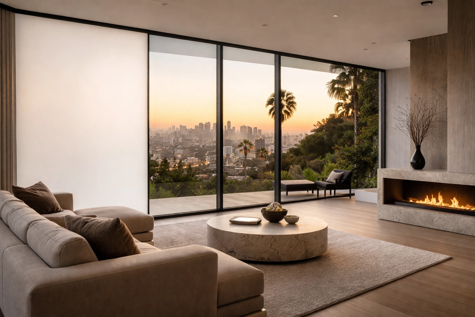 Smart film vs smart glass — luxury Los Angeles interior featuring switchable smart glass with a panel in frosted privacy mode