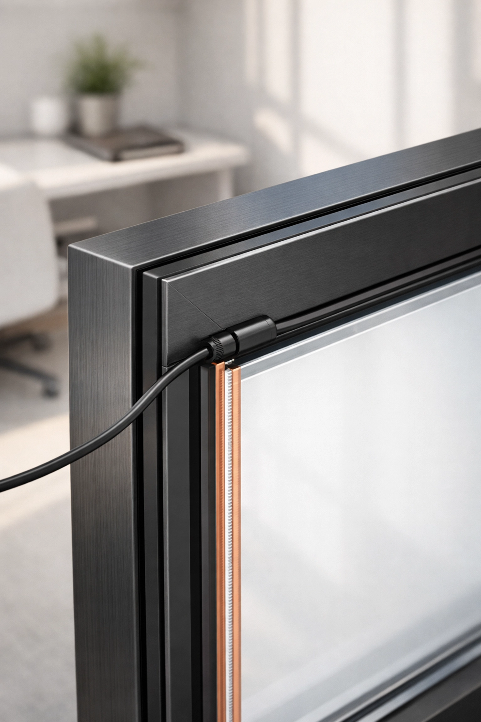 Smart film for existing windows — close-up of PDLC film electrical wiring and busbar for a window retrofit