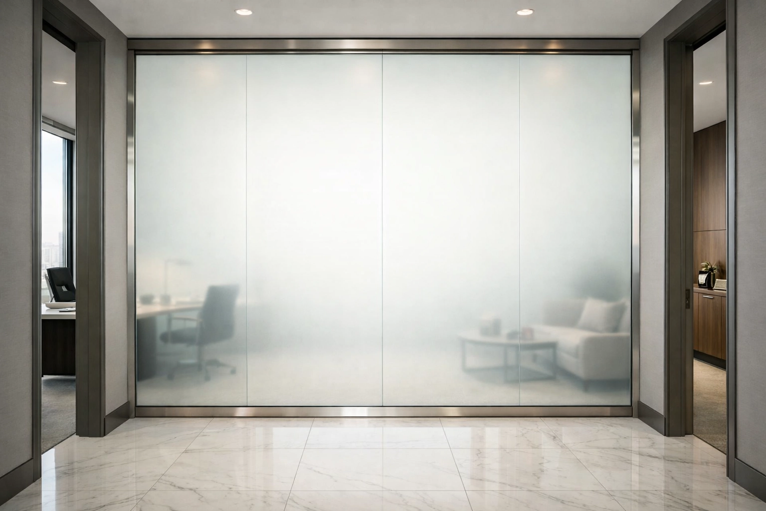 Gauzy smart glass transformer replacement complete — restored frosted smart glass partition providing privacy in a luxury Los Angeles executive office after a successful PDLC service call