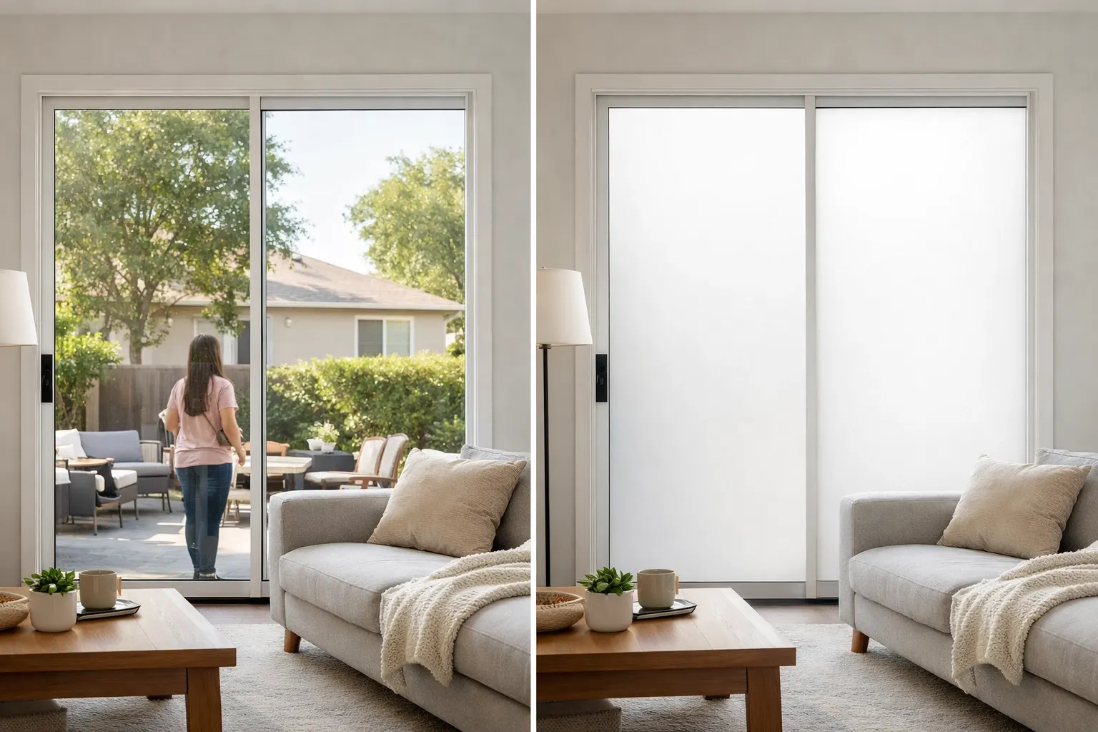 Home window privacy failures fixed — modern LA home interior with large switchable smart film windows showing clear-to-frosted privacy zones replacing failed traditional treatments