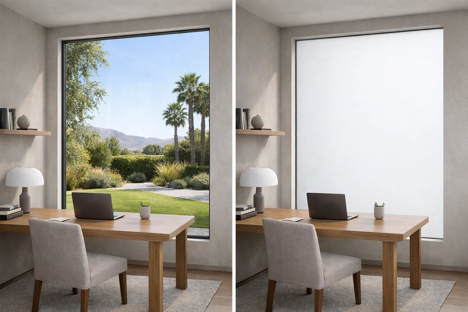 Smart glass automation mistakes prevented — split-view of switchable smart glass in a Southern California home office showing clear and frosted privacy modes